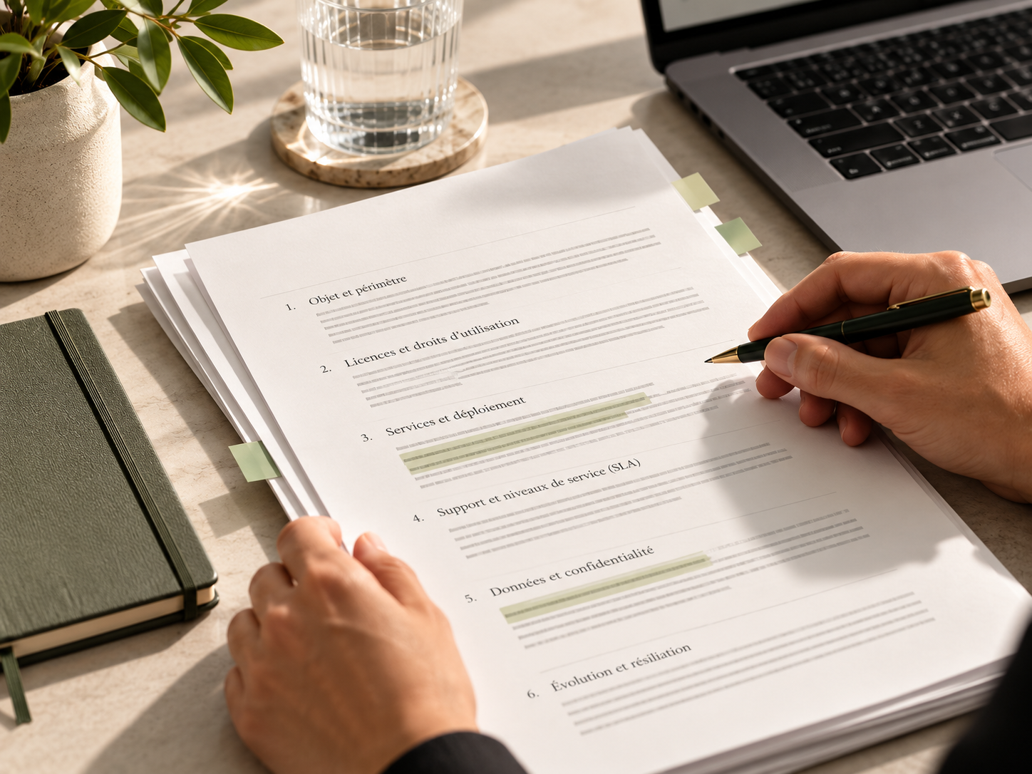 Contrat ERP examiné pendant la révision des clauses critiques avant signature.