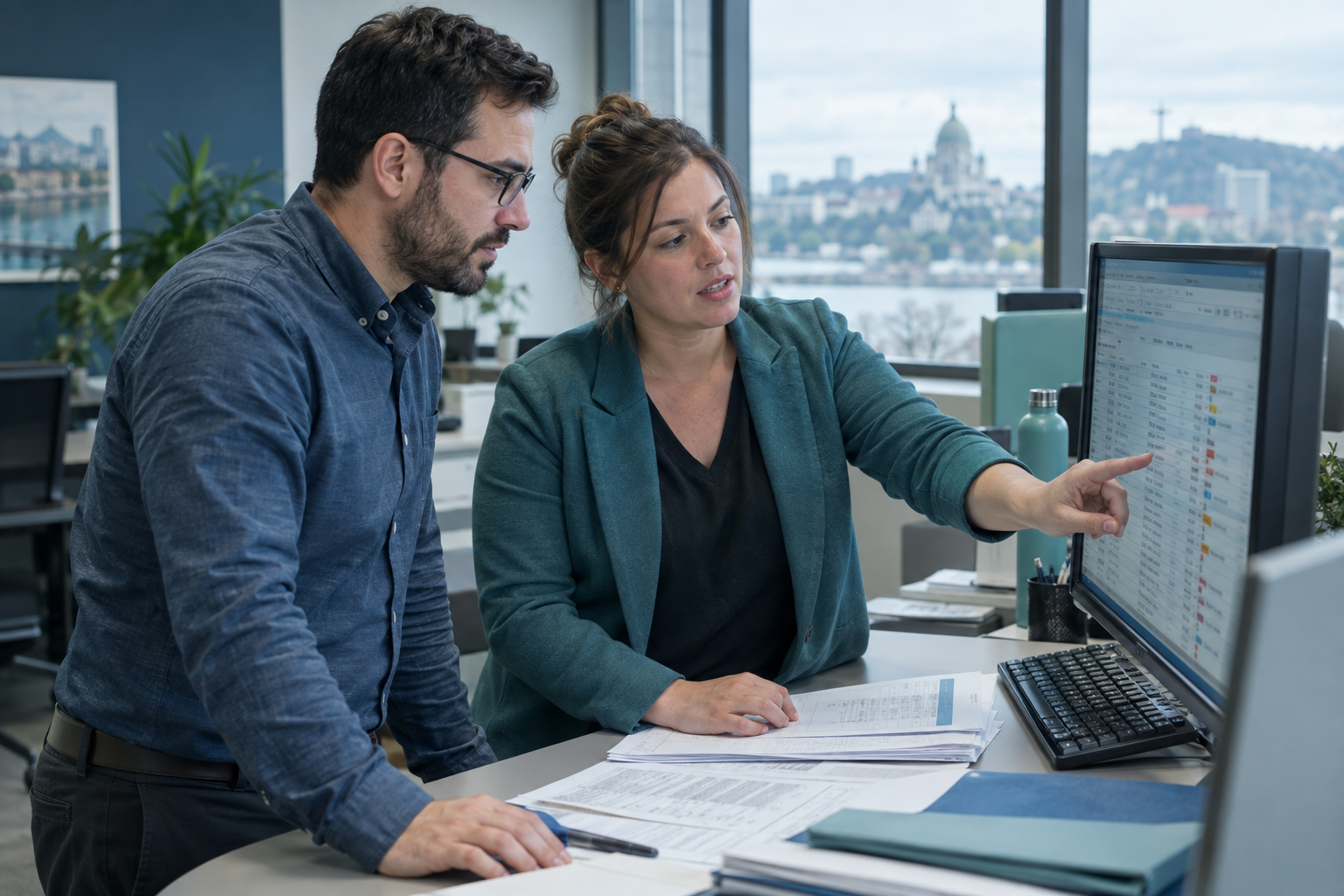 Deux spécialistes des comptes clients discutant des exceptions triées à l’écran dans un bureau moderne au Québec