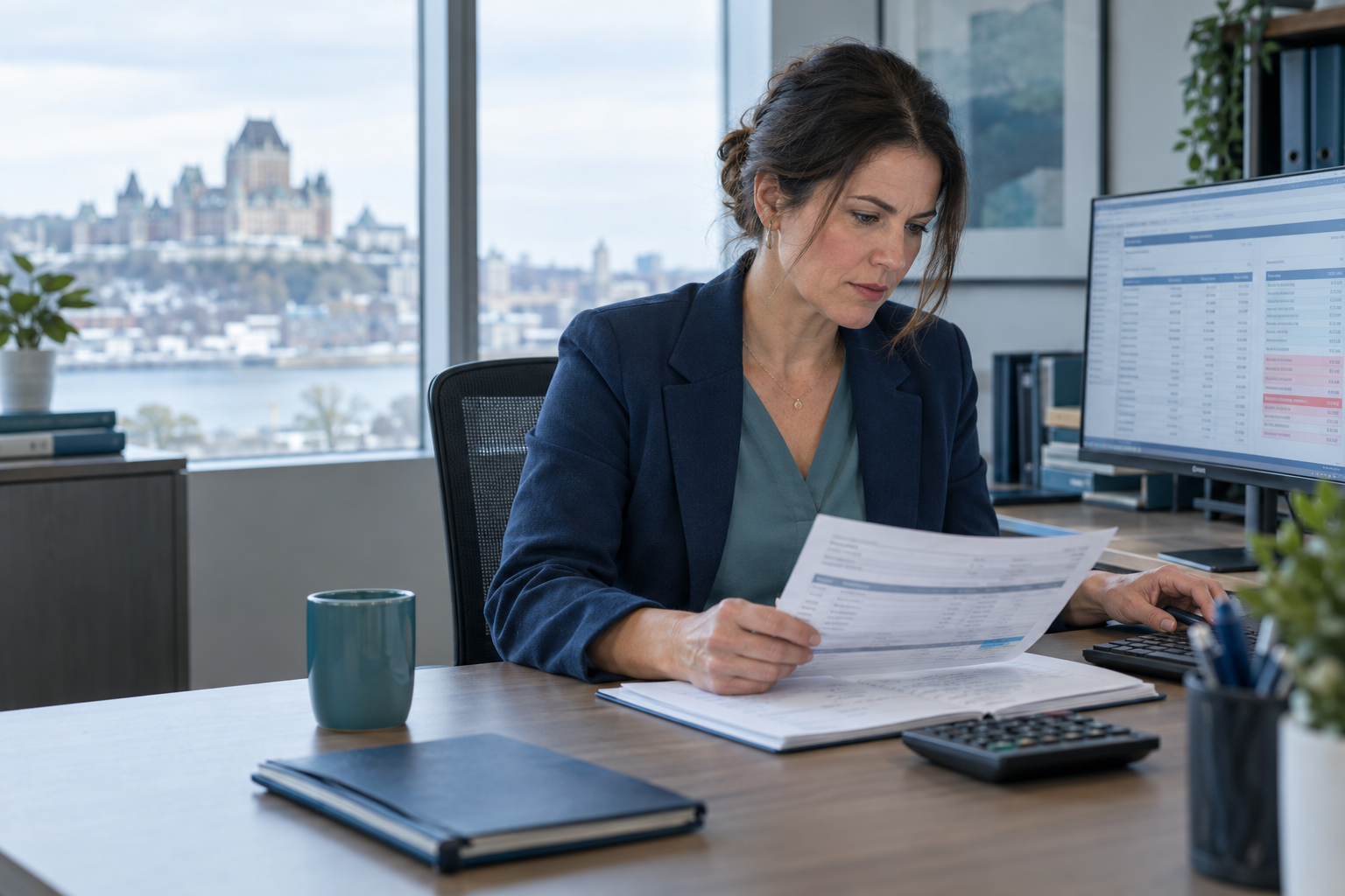 Directrice crédit et recouvrement comparant un avis de remise imprimé avec les factures ouvertes affichées à l’écran dans un bureau moderne au Québec