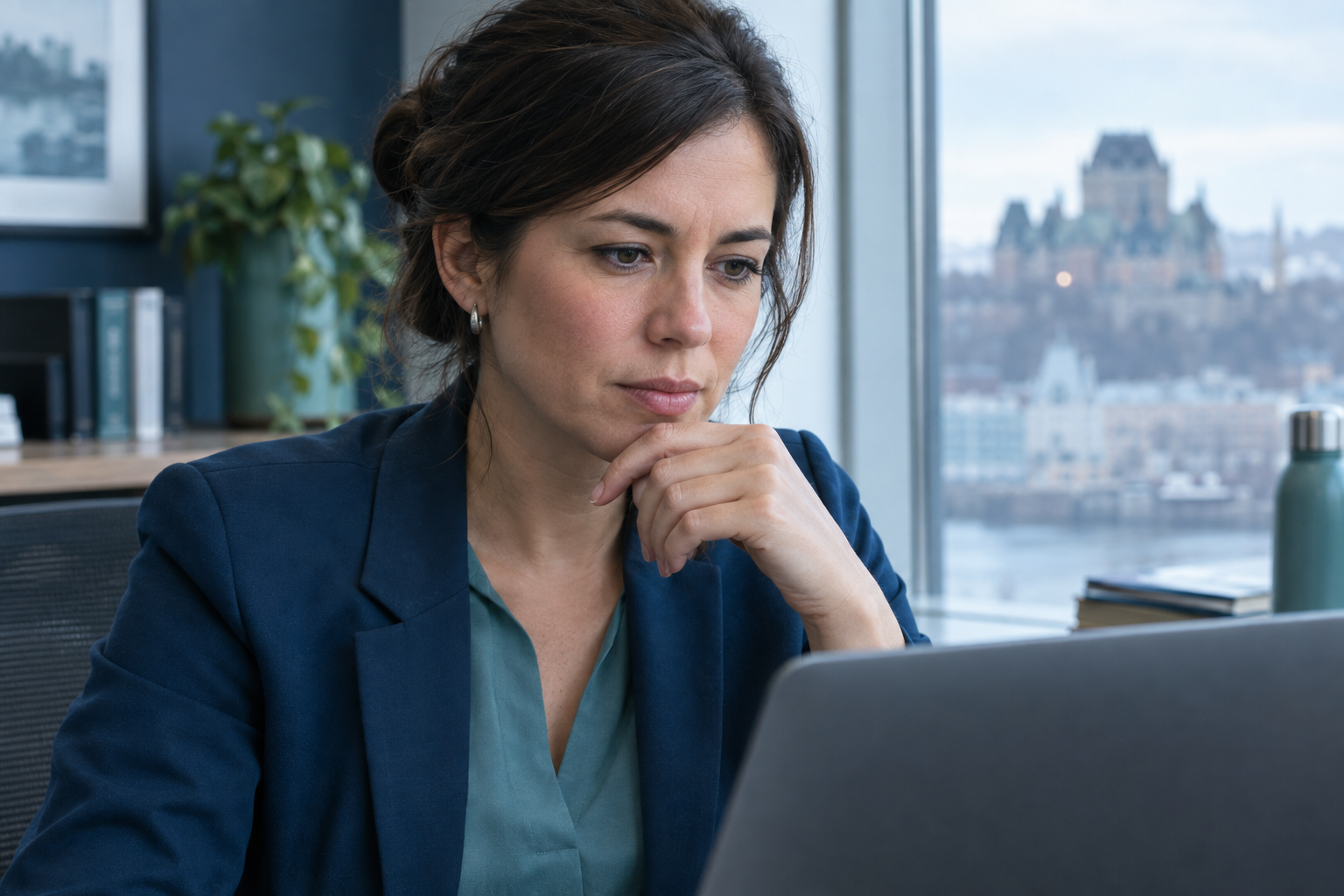 Executive committee of a Quebec company discussing AI adoption around a laptop