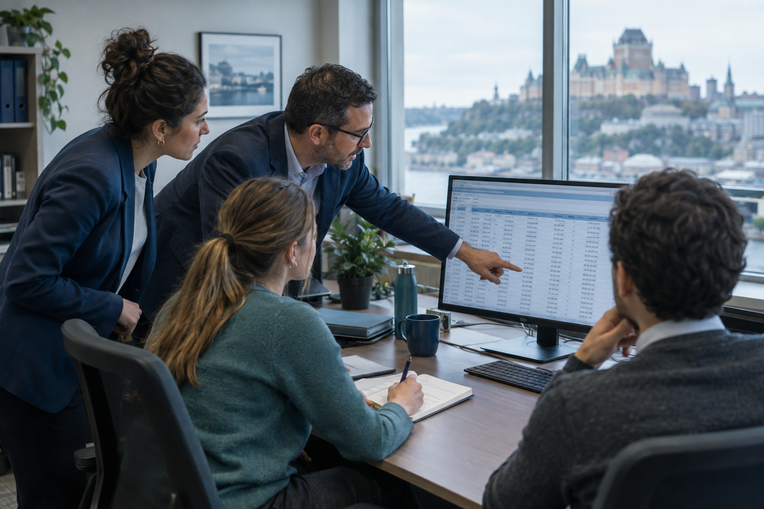 Small accounts receivable team comparing bank deposits and open invoices on a screen in a Quebec office