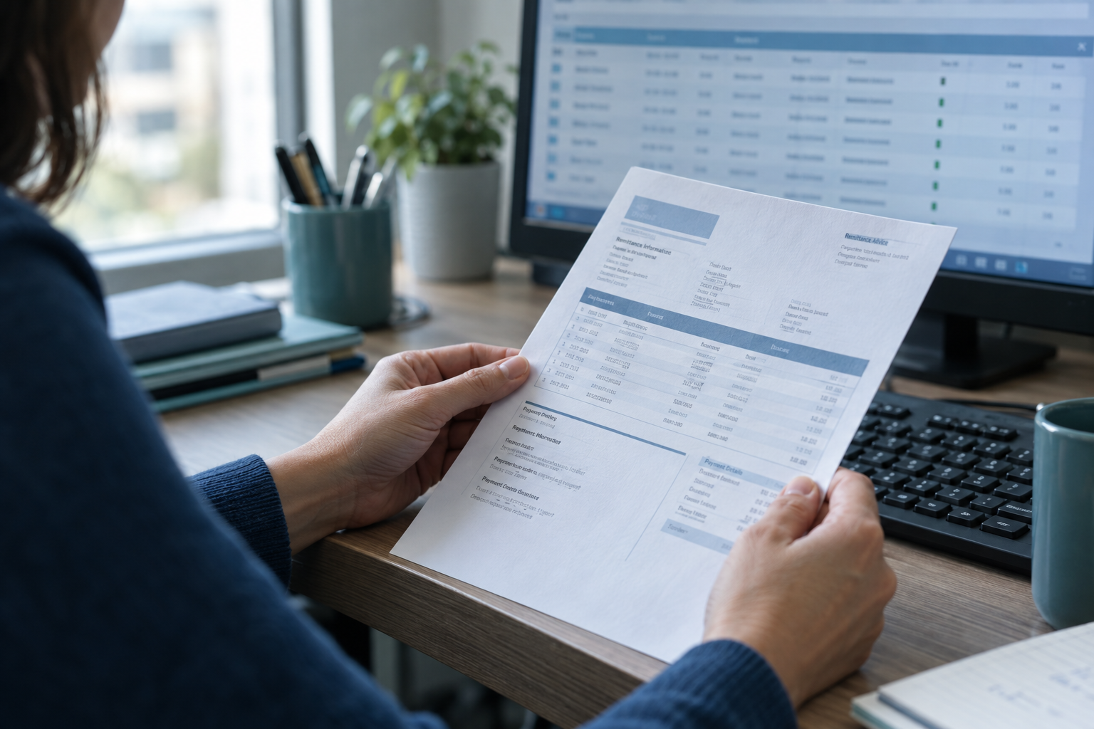 Petite équipe des comptes clients comparant une liste de dépôts bancaires et des factures ouvertes à l'écran dans un bureau moderne au Québec
