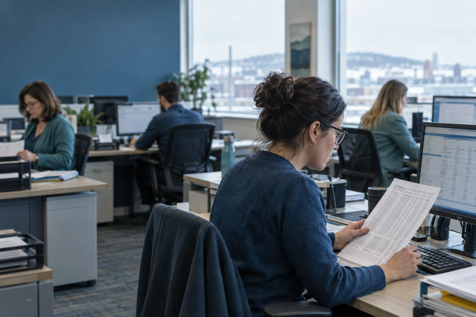 Petite équipe des comptes clients comparant une liste de dépôts bancaires et des factures ouvertes à l'écran dans un bureau moderne au Québec