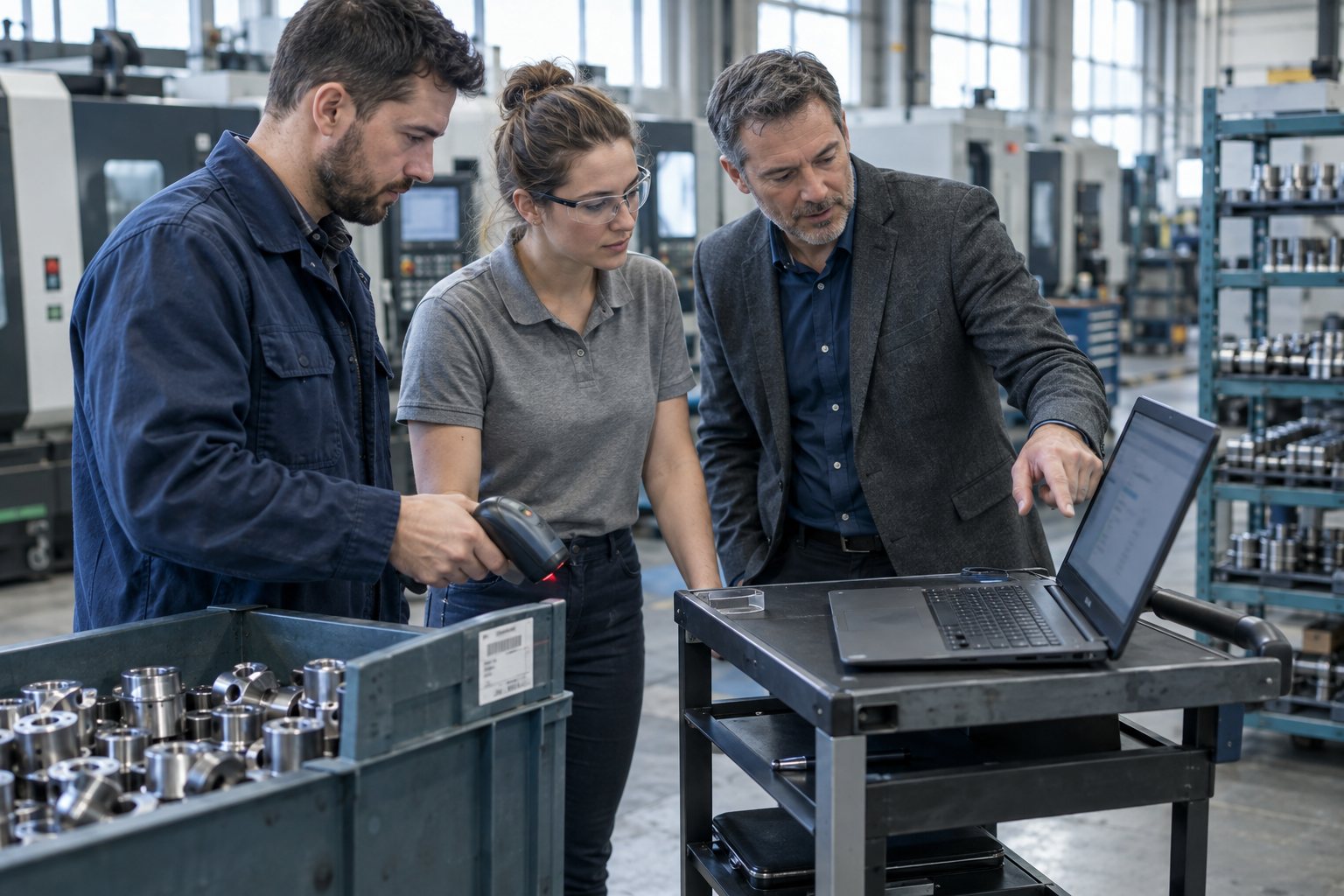 Un planificateur de production, une technicienne en qualité et un consultant ERP testent la traçabilité d’un lot avec un lecteur de codes à barres et un ordinateur portable, sur le plancher d’une usine québécoise.