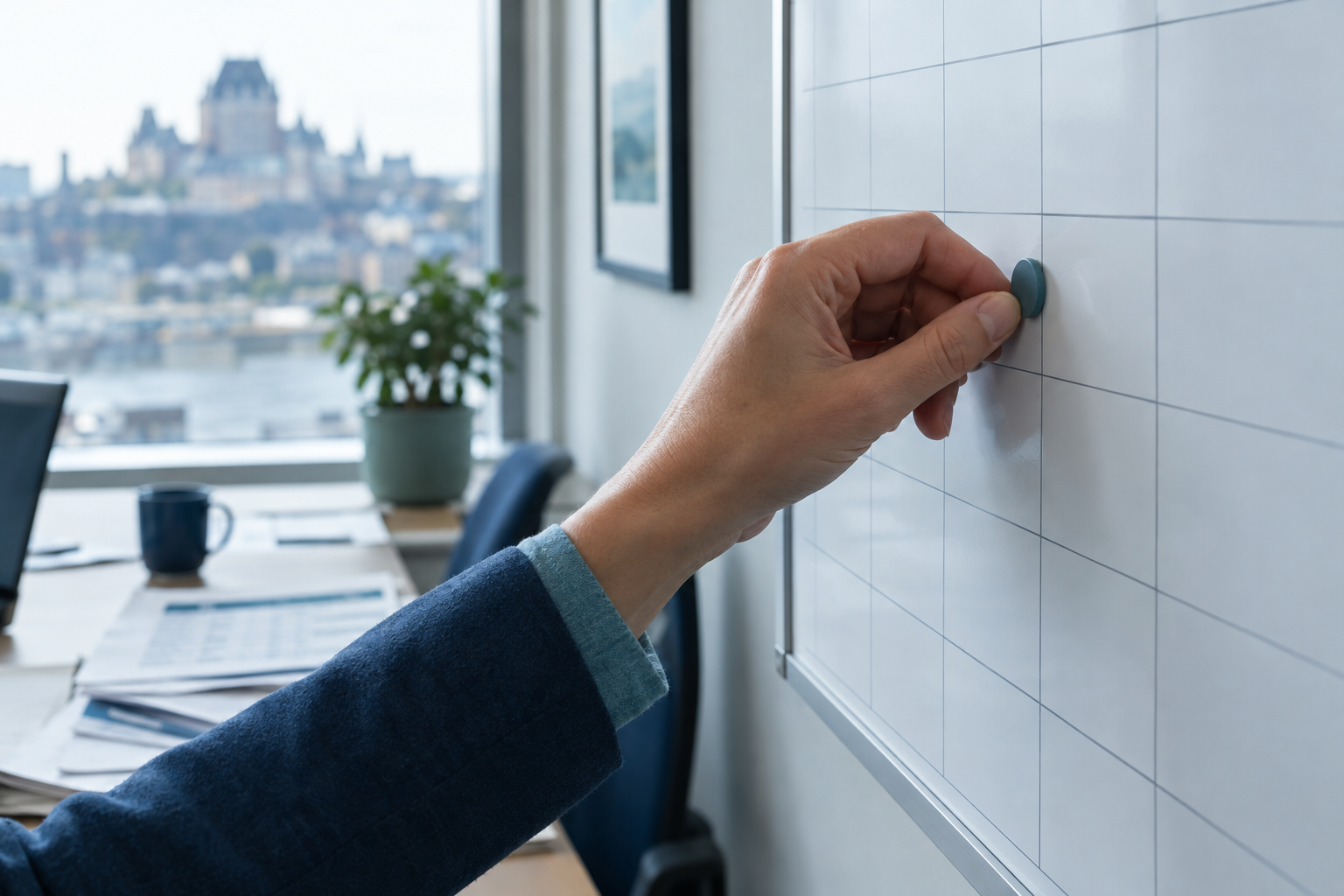 Finance project team planning a cash application implementation on a wall planning board in a modern Quebec office