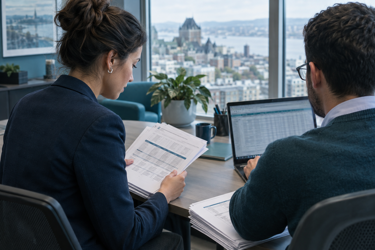 Deux professionnels de la finance validant des avis de remise papier contre les dossiers à l’écran lors d’une séance de préparation des données au Québec