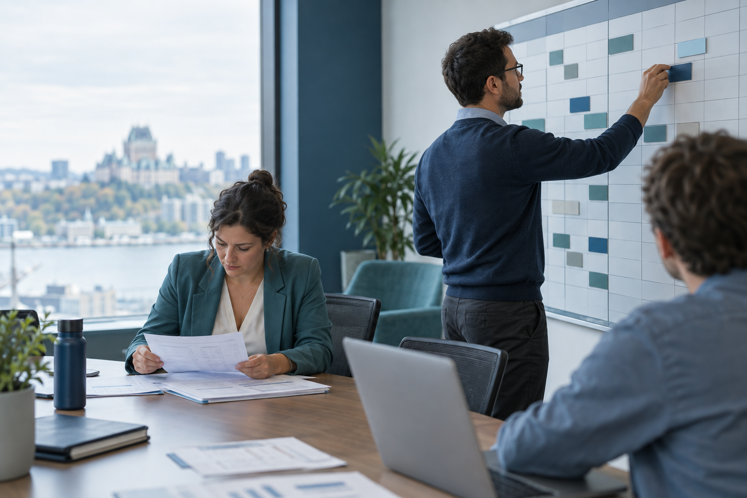Équipe de projet finance planifiant l’implantation d’une solution d’encaissements devant un tableau de planification mural dans un bureau moderne au Québec
