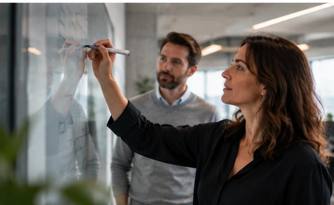 Une professionnelle cartographie les processus d’affaires avec un collègue devant un tableau vitré.