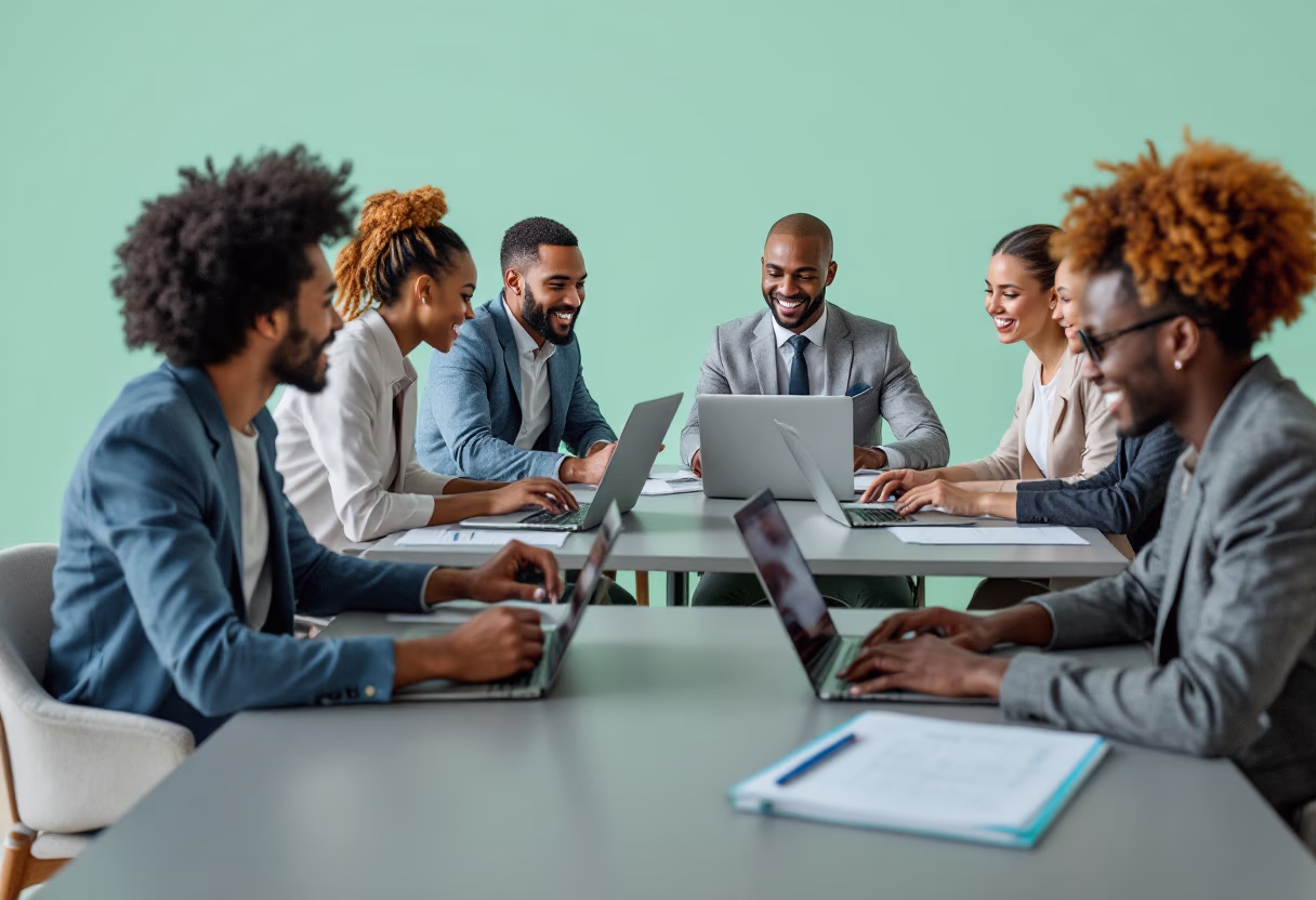 Équipe de professionnels collaborant sur leurs ordinateurs portables lors d'une réunion de projet.