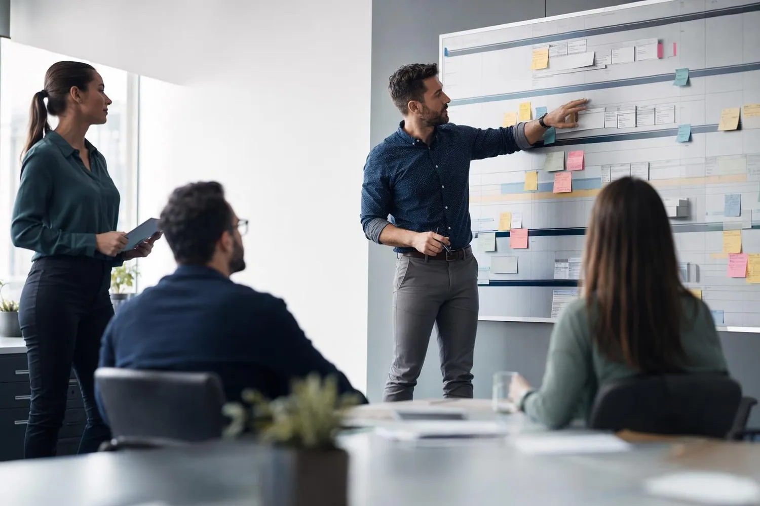 Gestionnaire de projet présentant un échéancier à jalons sur un tableau de planification devant son équipe dans un bureau.