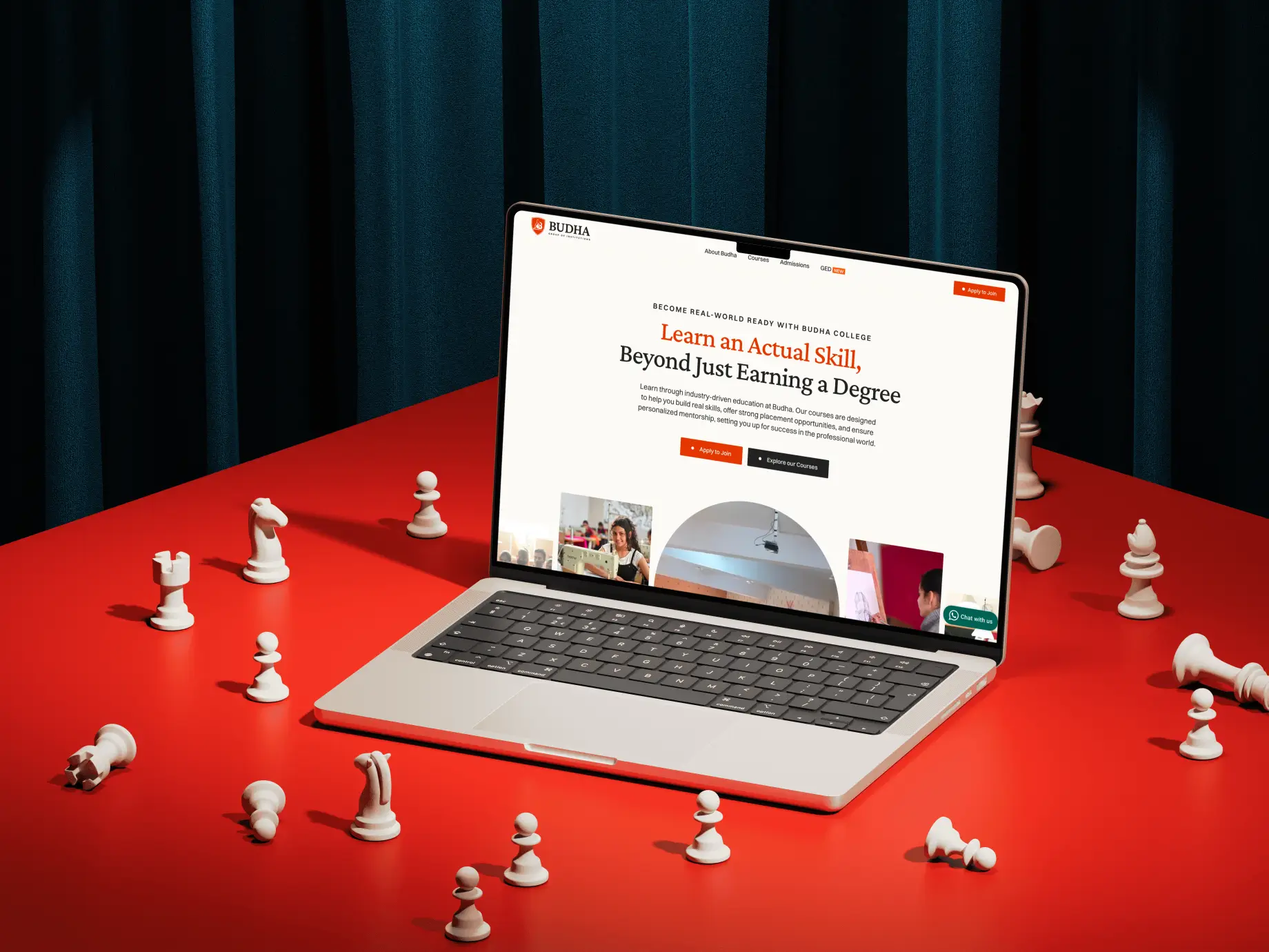 Laptop mockup with chess pieces creative concept