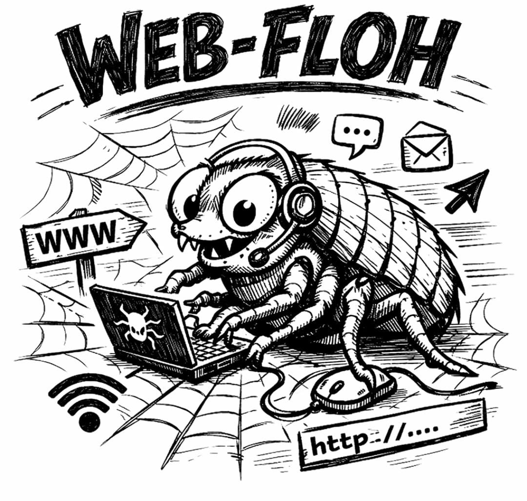 Karikatur eines Flohs mit einem Headset, der an einem Laptop mit Symbolen für Internet und Kommunikation arbeitet.