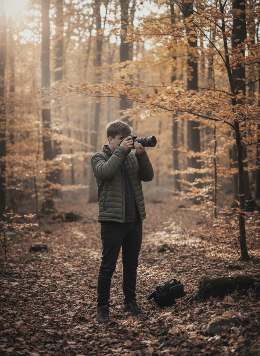 Fotograf im Herbstwald mit Kamera und Objektiv, umgeben von goldenen Blättern