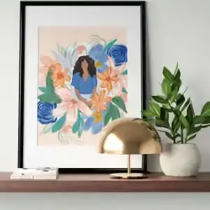 Floral portrait art print on shelf