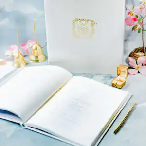 Open journal with gold accents