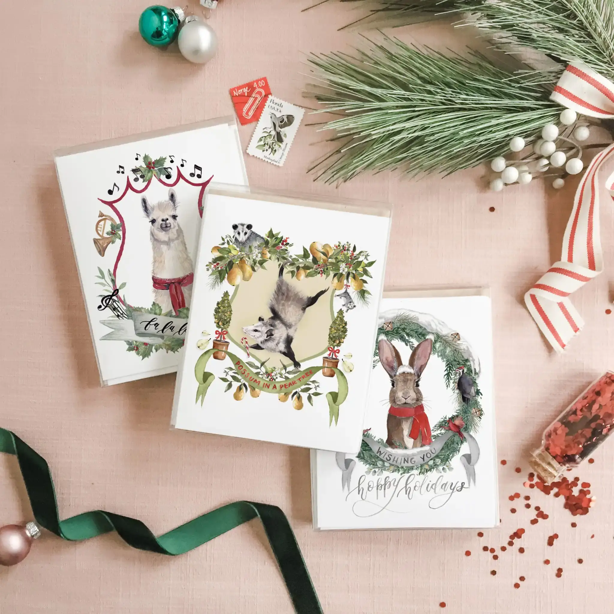 Holiday animal greeting cards with ribbon