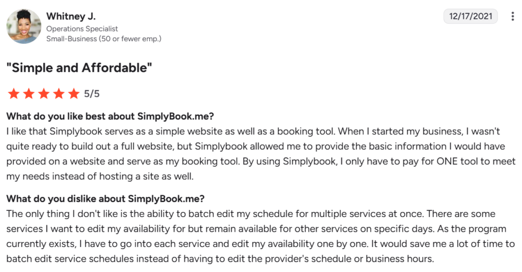 SimplyBook.me customer review from G2