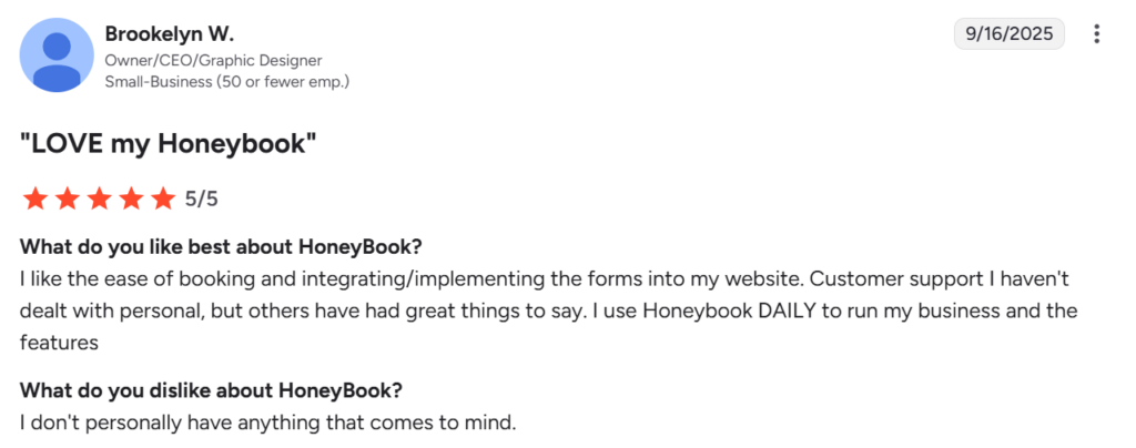 HoneyBook customer review from G2