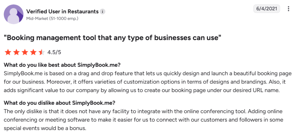 SimplyBook.me customer review from G2