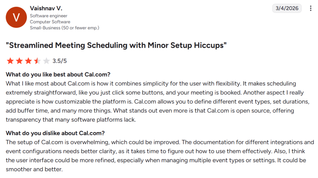 Cal.com customer review from G2