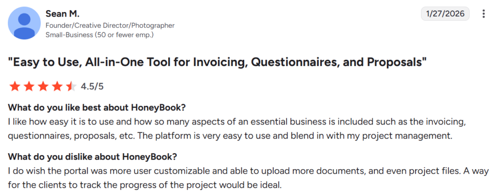 HoneyBook customer review from G2