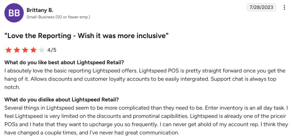 Lightspeed customer review from G2