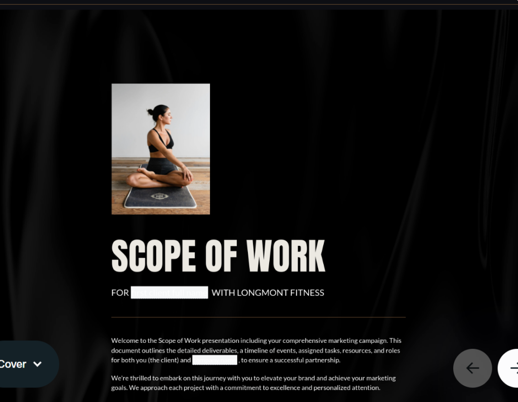 Scope of Work template cover for marketing strategy work, featuring cream text on a black background with an image of a woman stretching