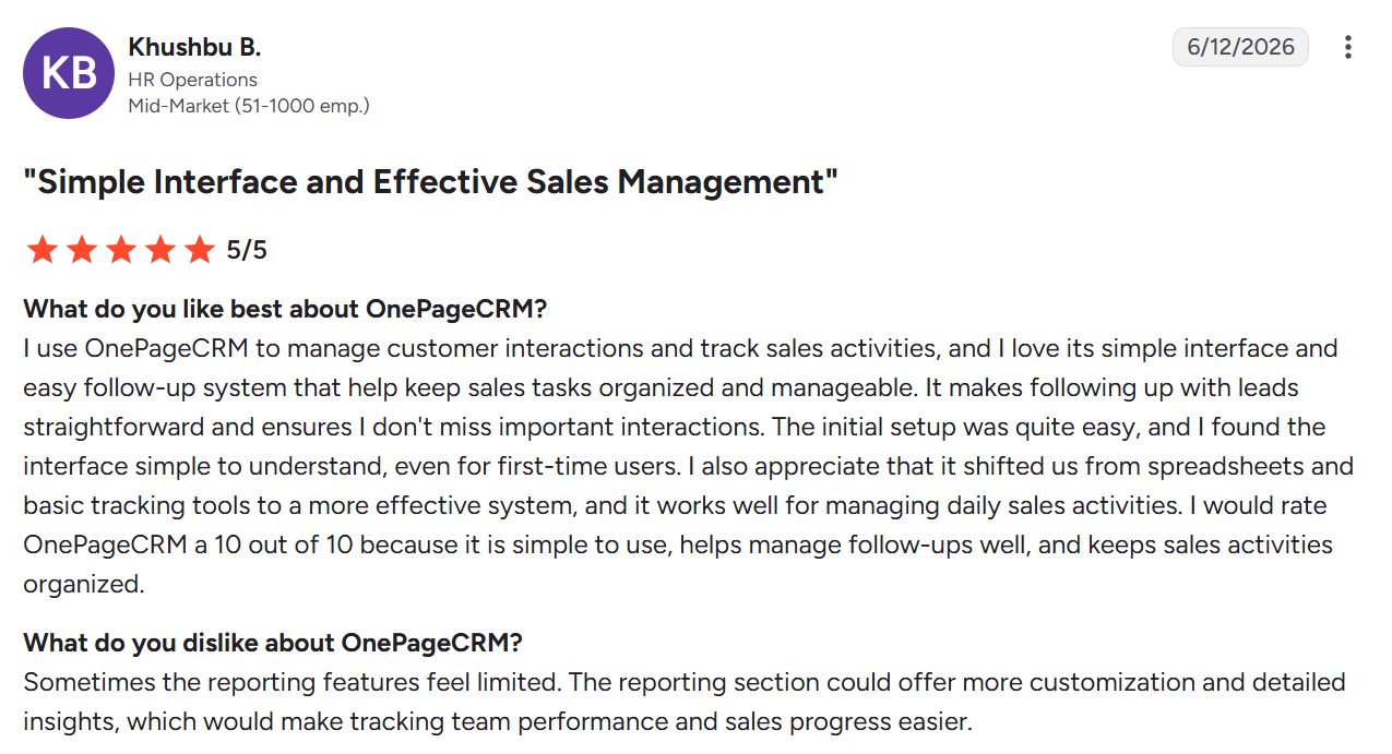 OnePageCRM review with pros and cons
