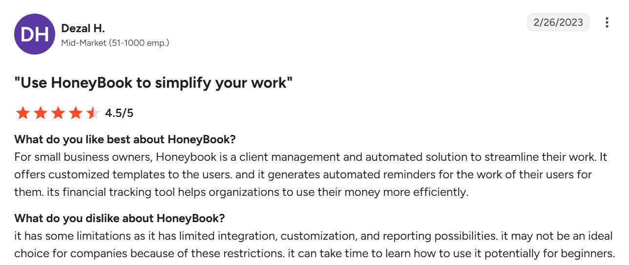 HoneyBook customer review with pros and cons