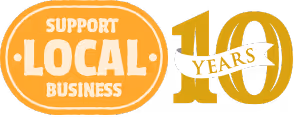 Badge with text 'Support Local Business' next to gold '10 Years' emblem with a white banner.