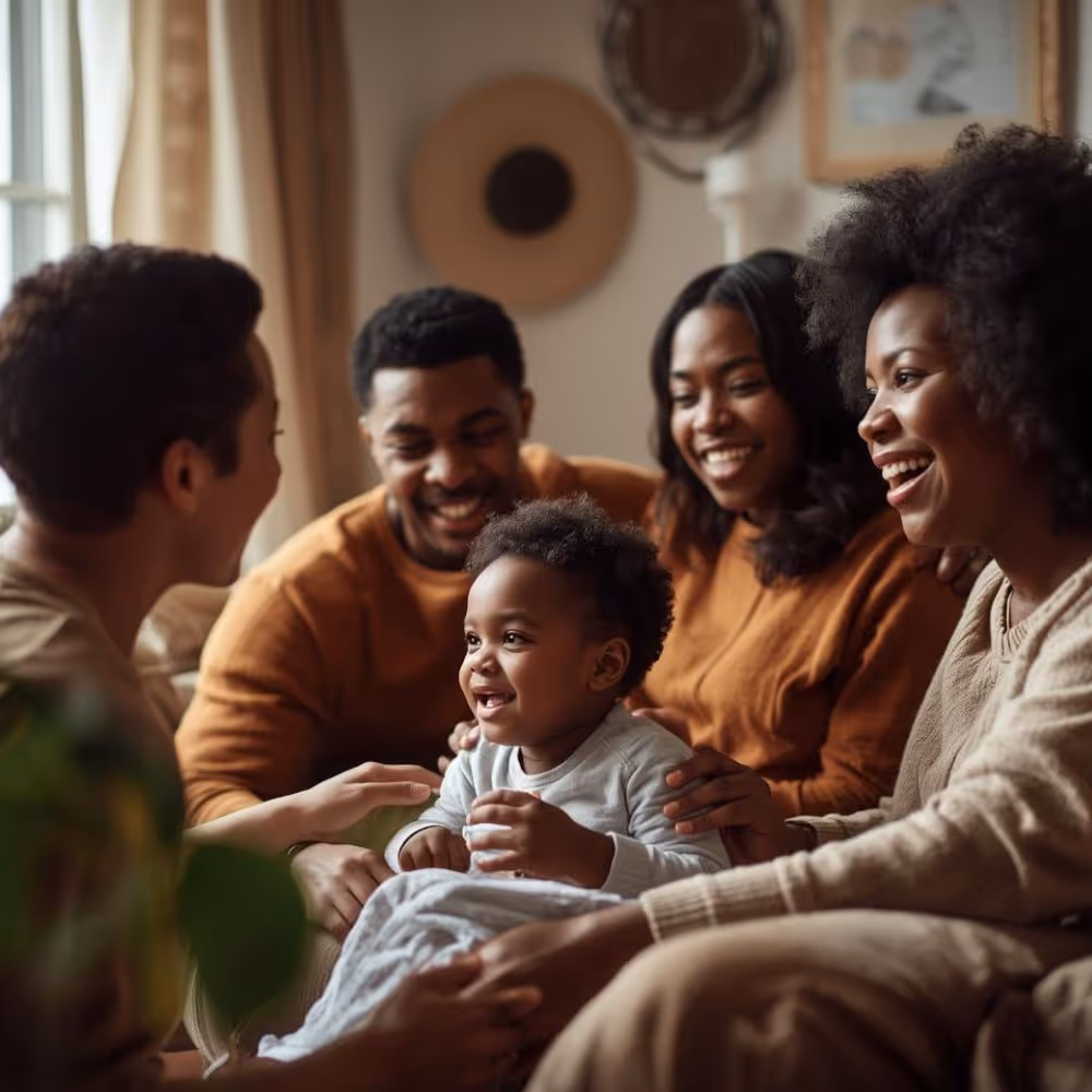 Smiling family of four sitting together on a couch, joyfully interacting with a happy toddler.