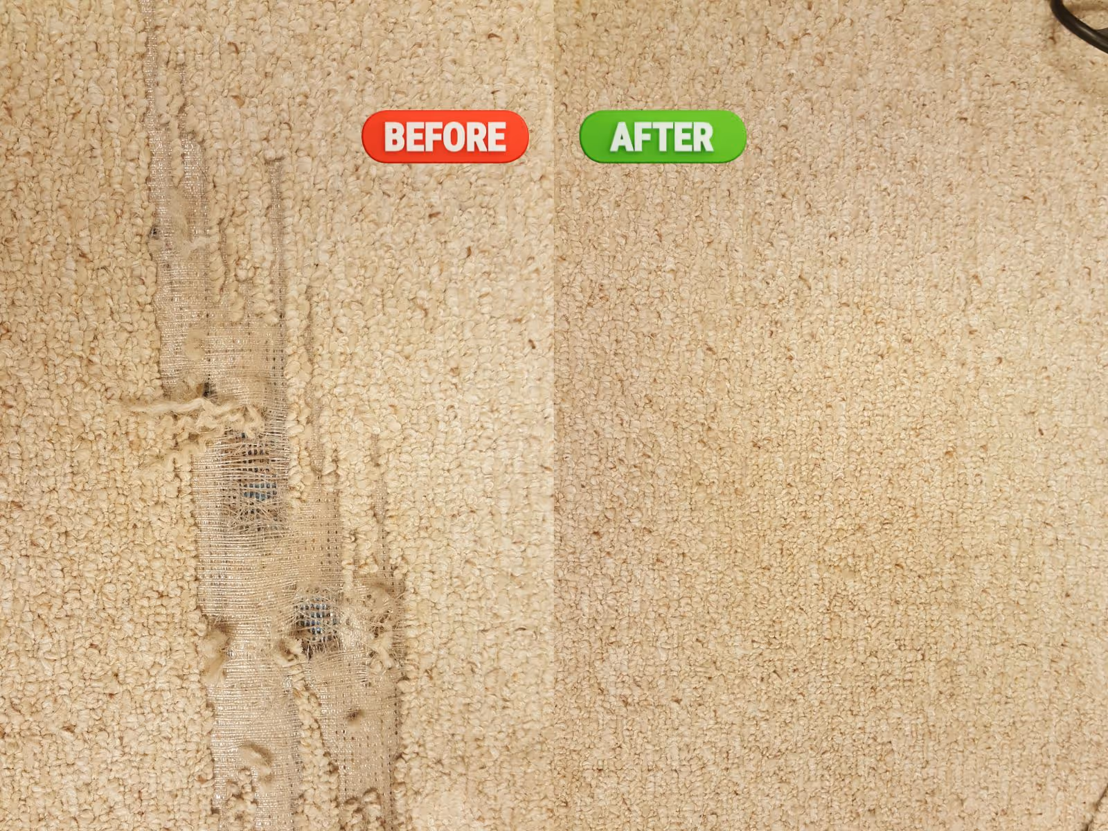 Beige carpet showing a large worn and torn area on the left labeled 'Before' and a clean, intact area on the right labeled 'After'.