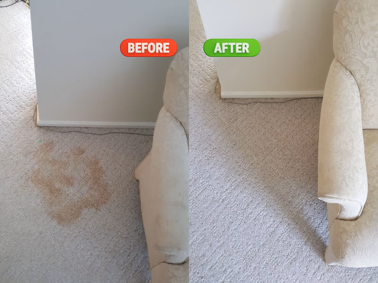 Side-by-side comparison of carpet near a sofa, showing a large brown stain before and a clean carpet after cleaning.