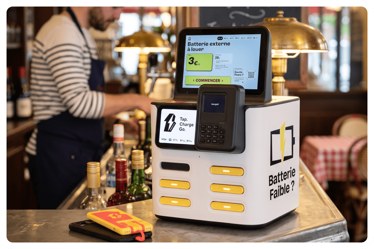 Borne OneFlash posée sur un comptoir