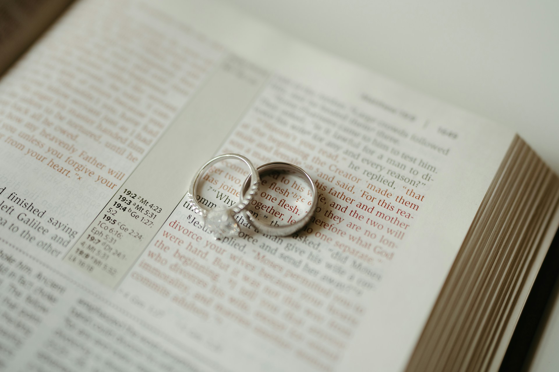Wedding and engagement rings casting heart-shaped shadows on an open Bible page.