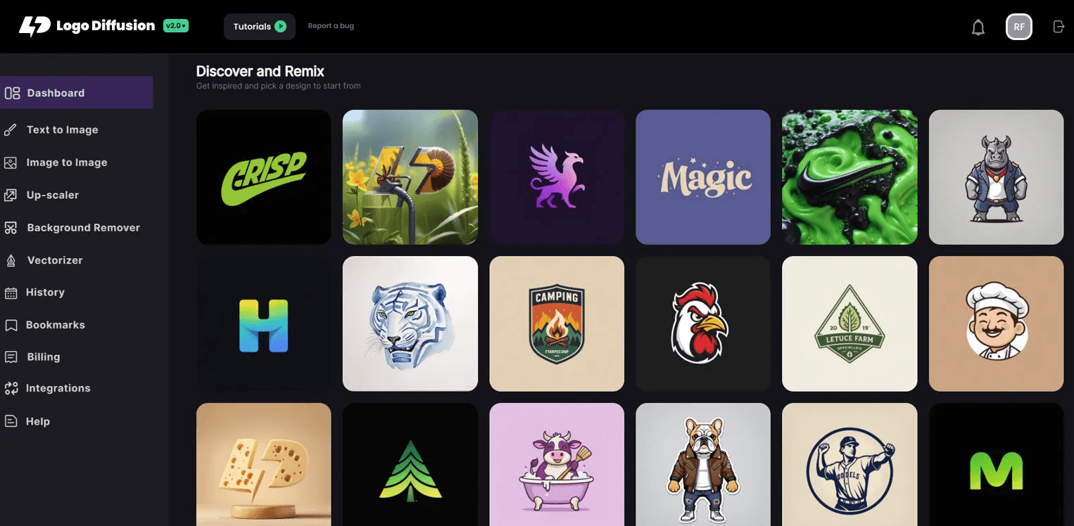 The new Logo Diffusion V.3 Dashboard Showing the Discover and Remix section