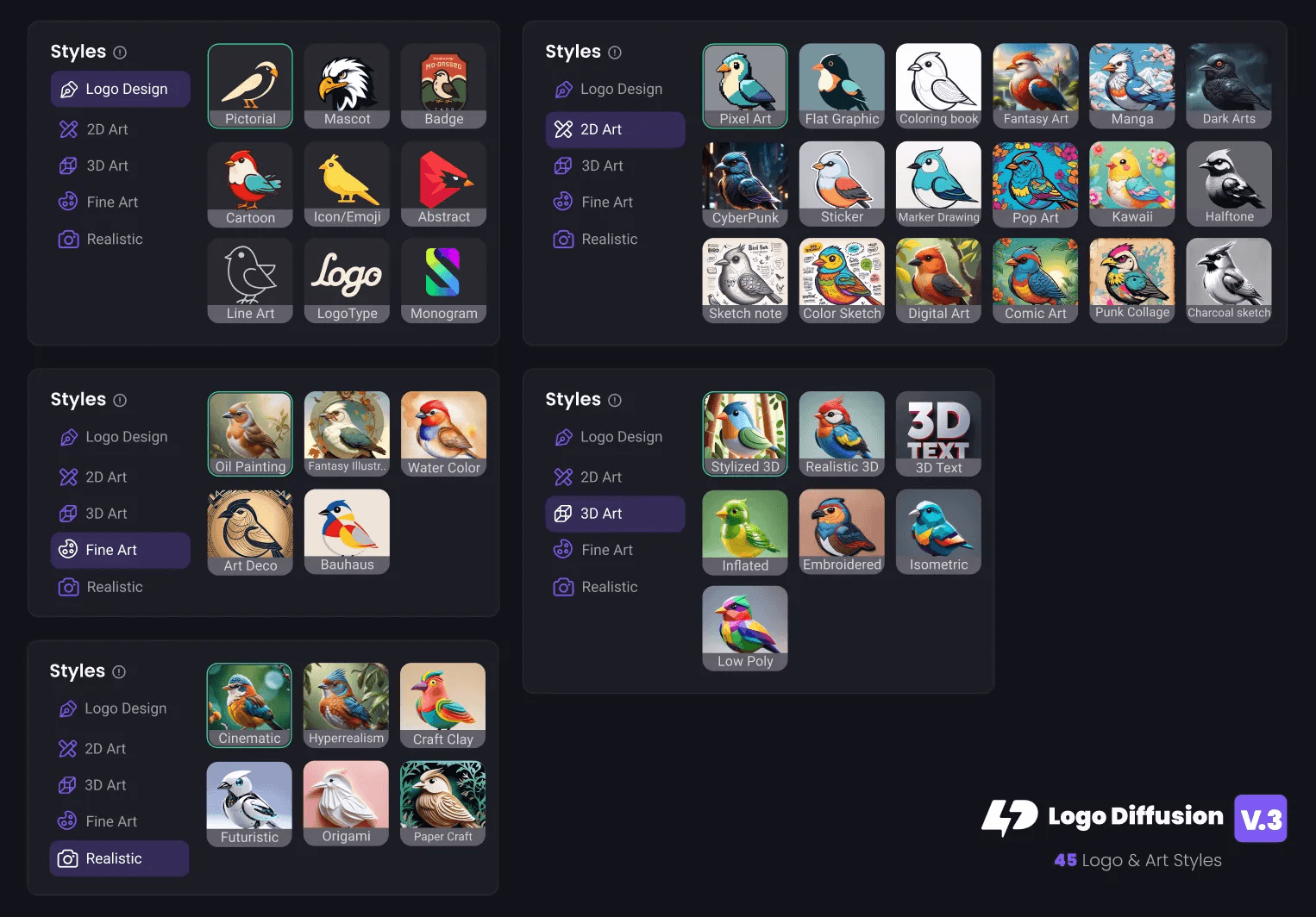 Preview of all the styles available in Logo Diffusion V.3