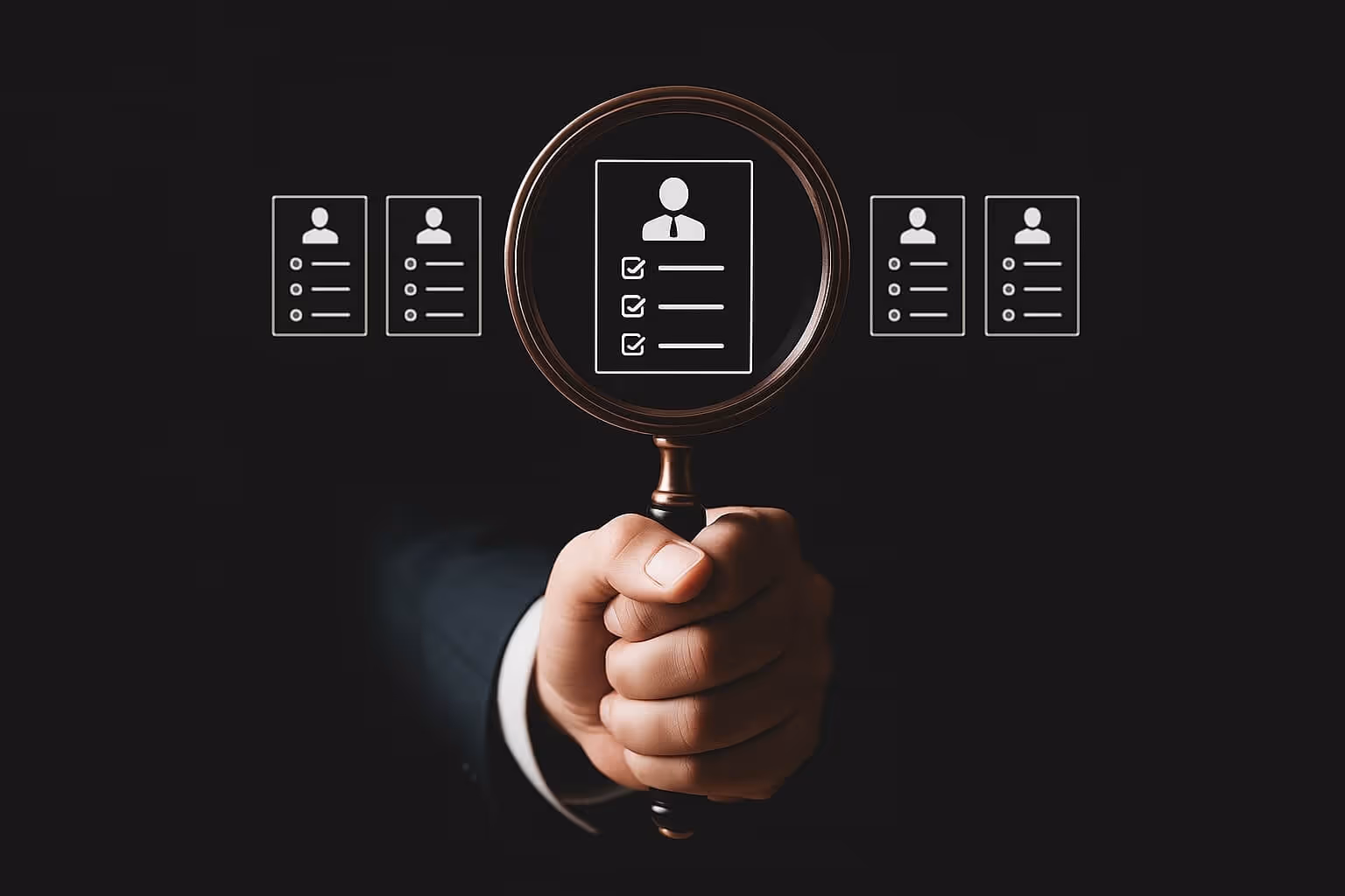 Hand holding a magnifying glass highlighting a checklist profile icon among several other profile icons on a dark background.