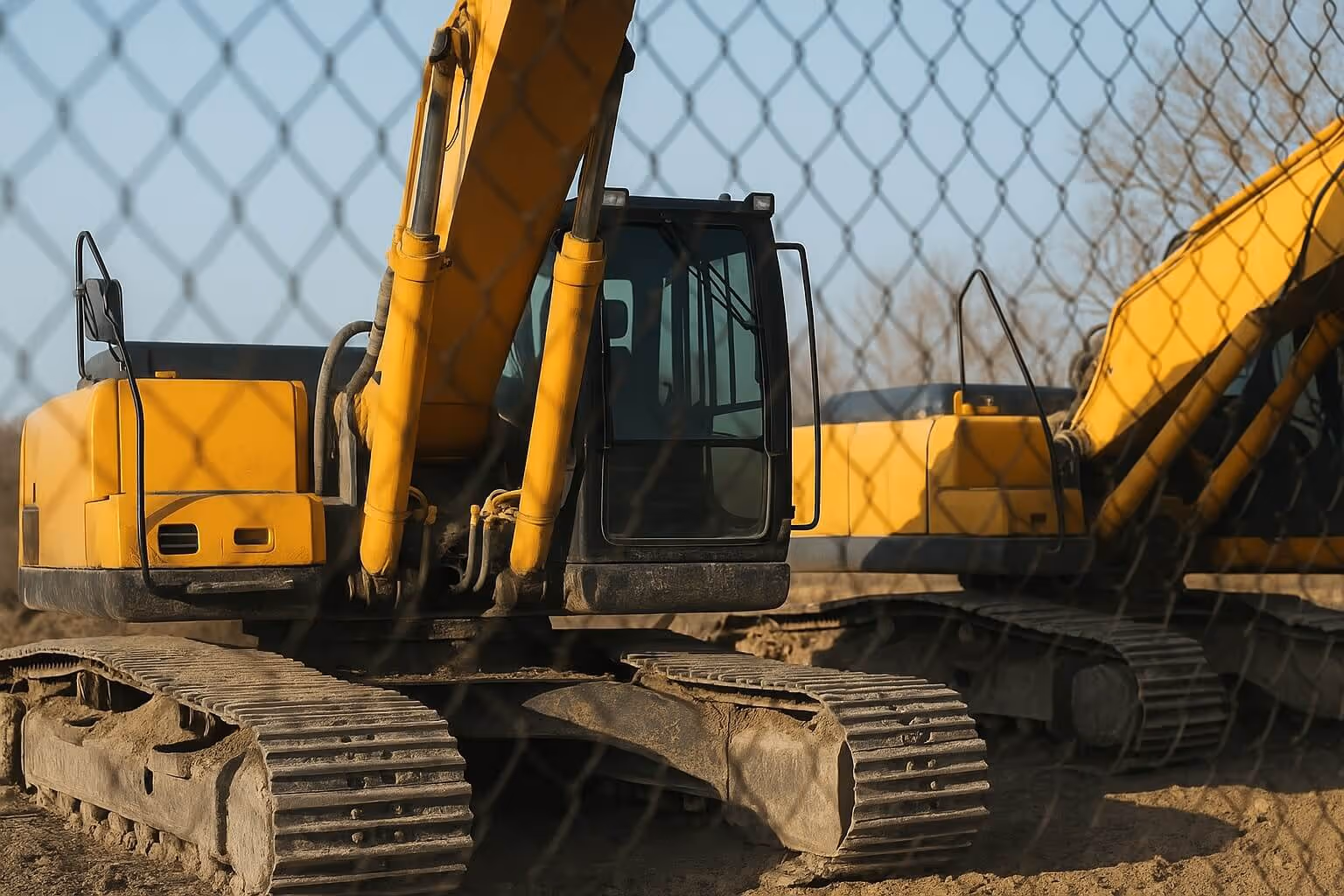 Two yellow excavators parked on dirt behind a chain-link fence.
