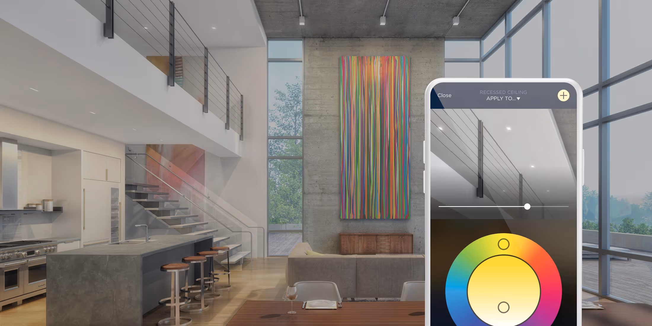 Modern loft living space with smart lighting app control on smartphone.
