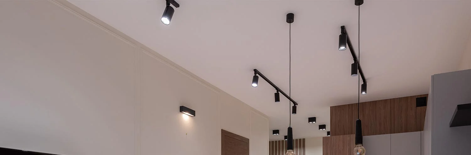 Ceiling with modern track lighting.