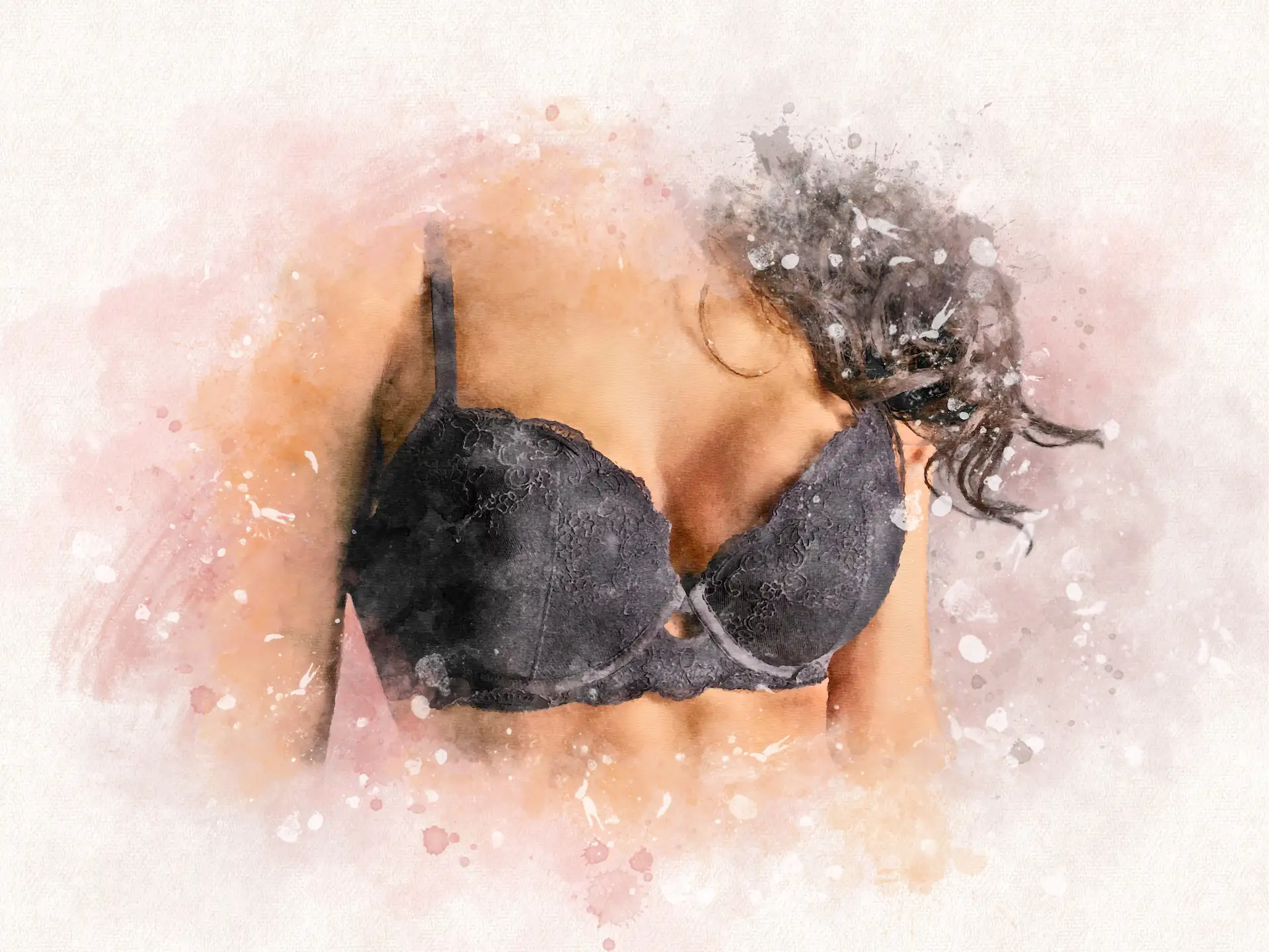 Woman wearing a black lace bra with wavy dark hair and a watercolor splash effect background.