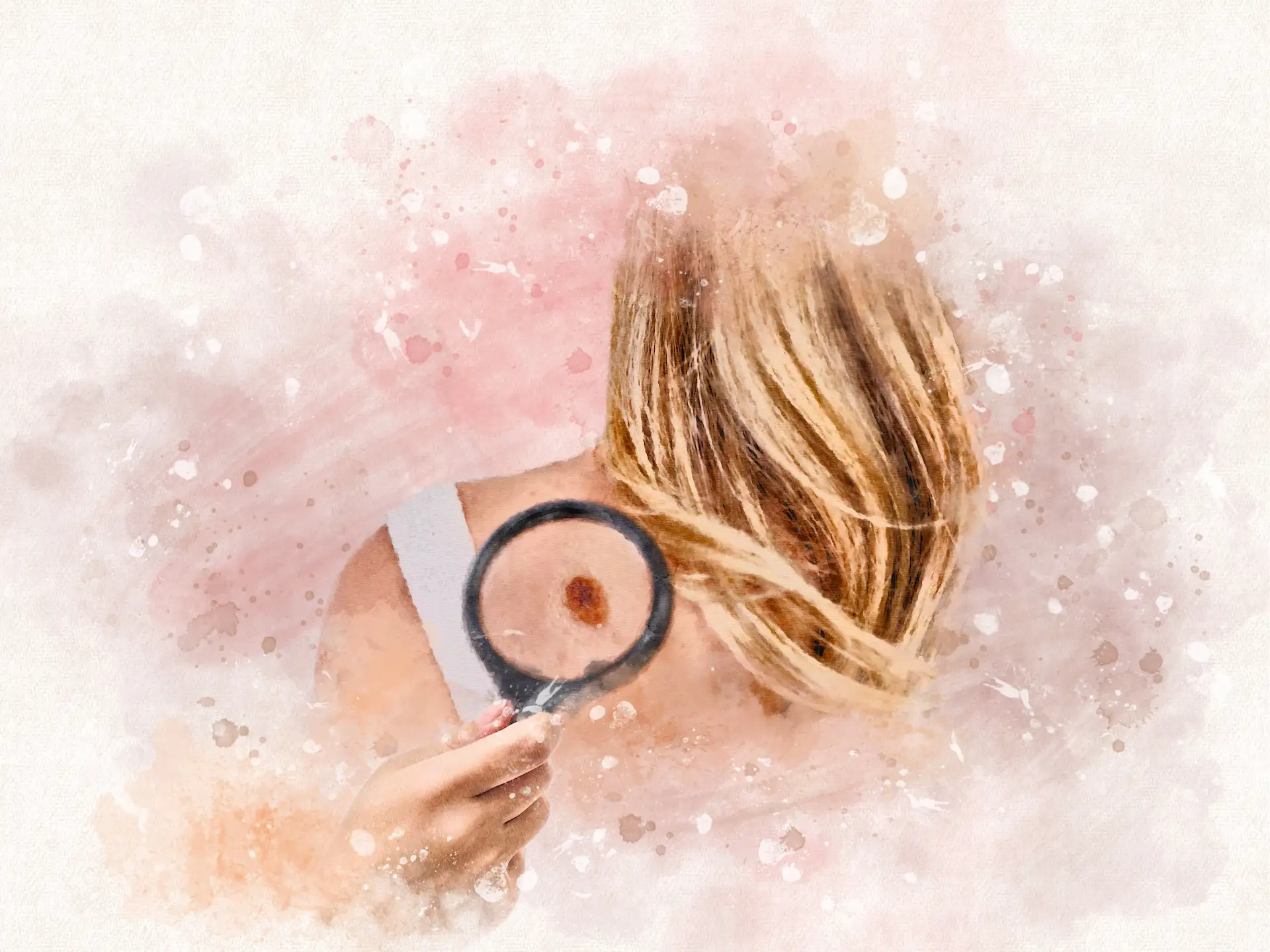 Woman with blonde hair examining a large mole on her back with a magnifying glass.