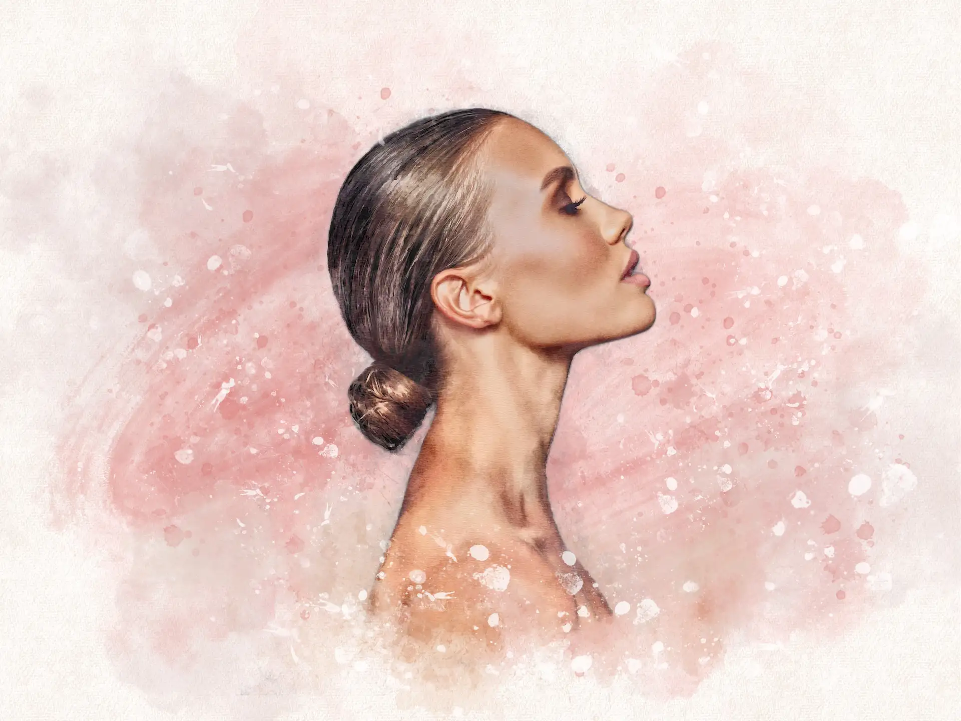 Side profile portrait of a woman with hair in a bun against a pink and white watercolor background.