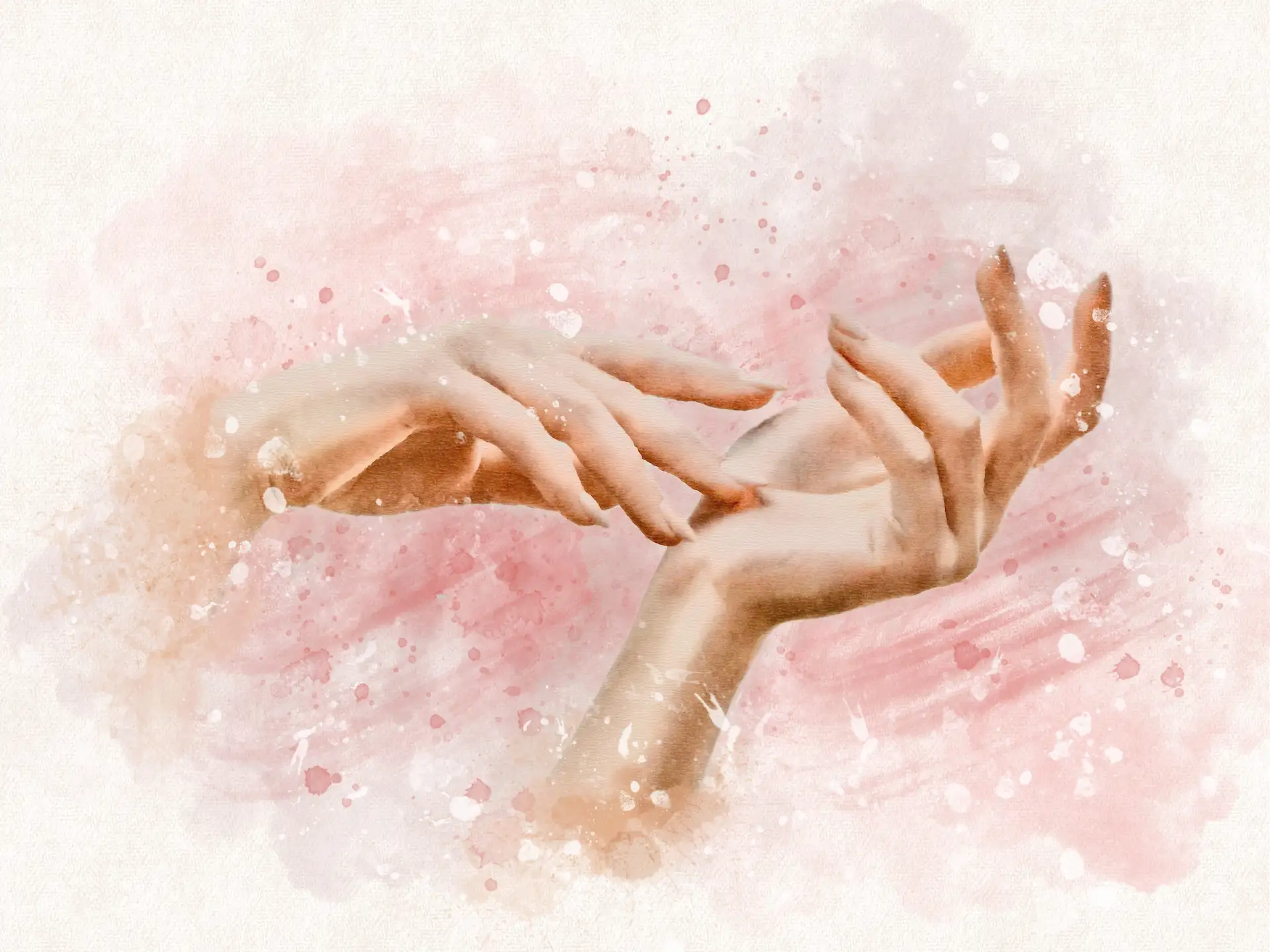 Artistic soft pink watercolor image of two delicate hands gently touching each other.