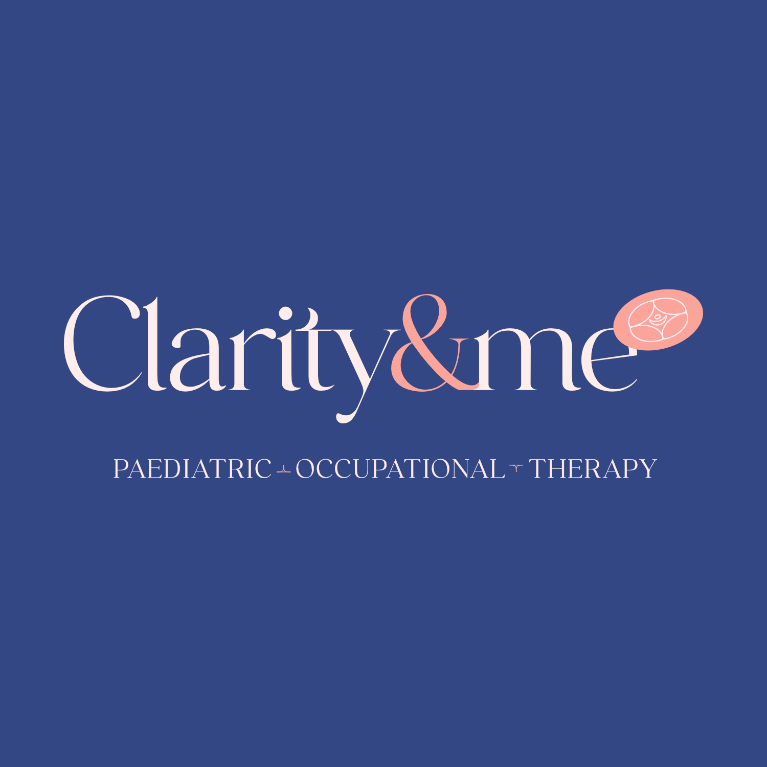 Clarity& Me logo with a pink elliptical icon and text below stating "Paediatric Occupational Therapy" on a dark blue background.