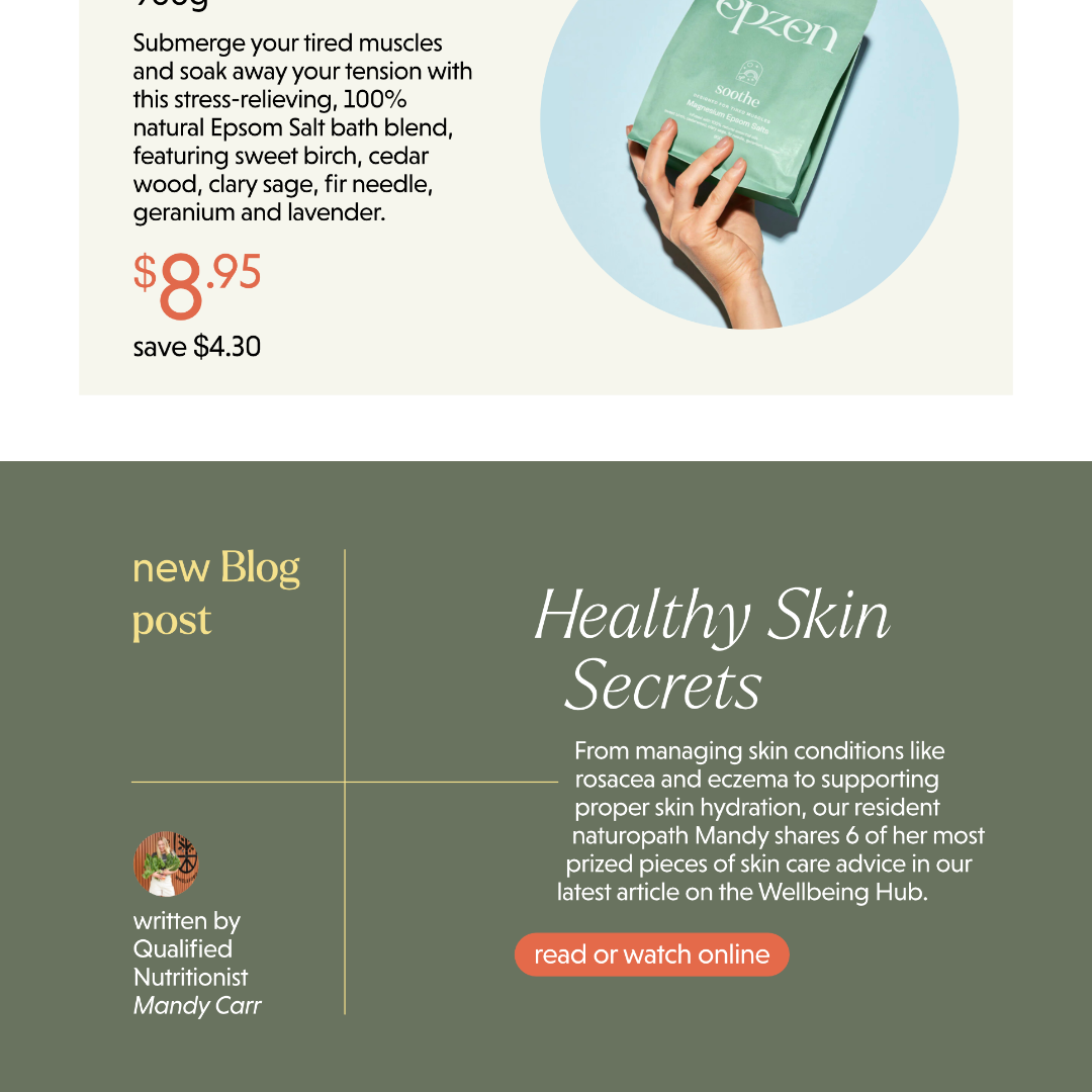 Snapshot of email design featuring a "new blog post" section titled 'Healthy Skin Secrets' by nutritionist Mandy Carr, discussing skin care advice for conditions like rosacea and eczema with a call to read or watch online.