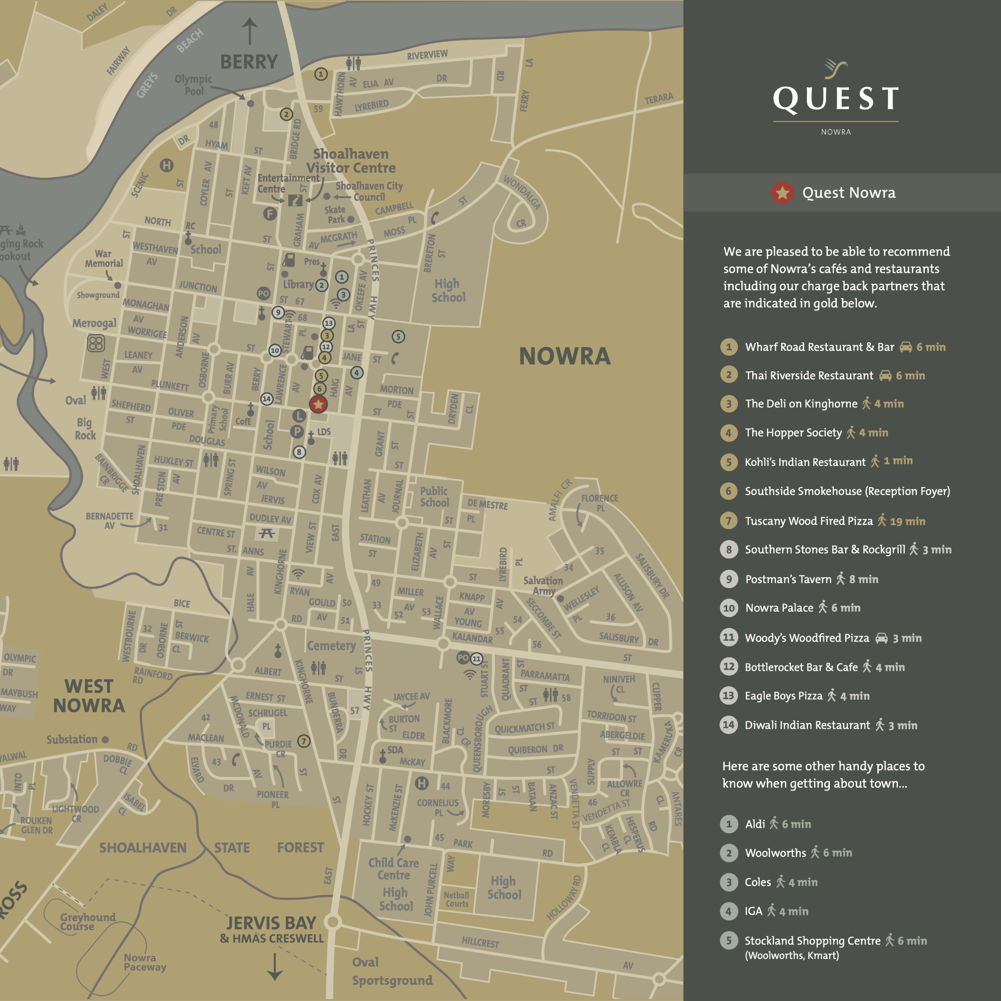 Map of Nowra with a list of recommended cafés and restaurants, showing travel times by car or walking indicated in gold and gray.