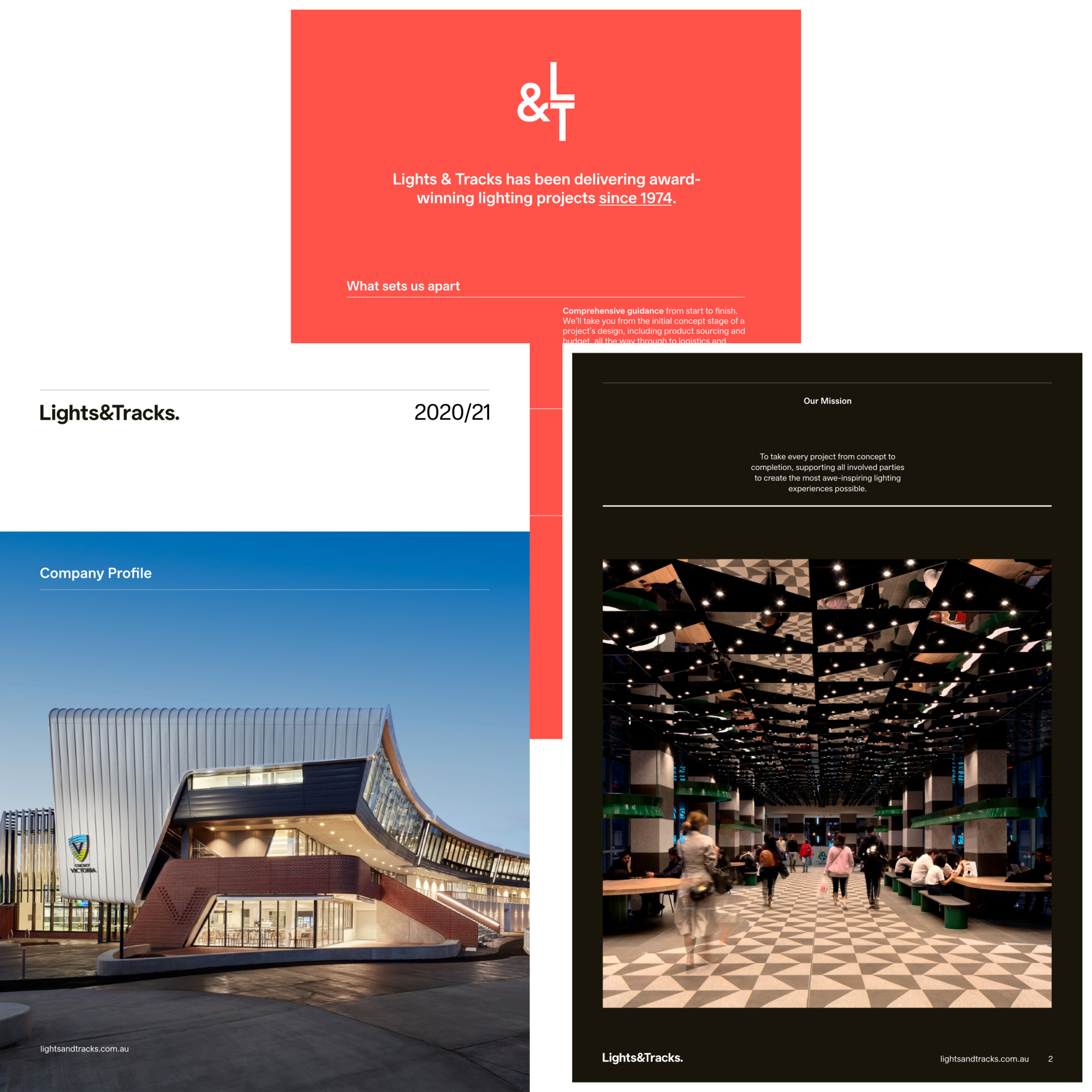 Collage of Lights & Tracks company profile pages featuring modern building exteriors and interiors with artistic lighting, and including their logo and mission statement.