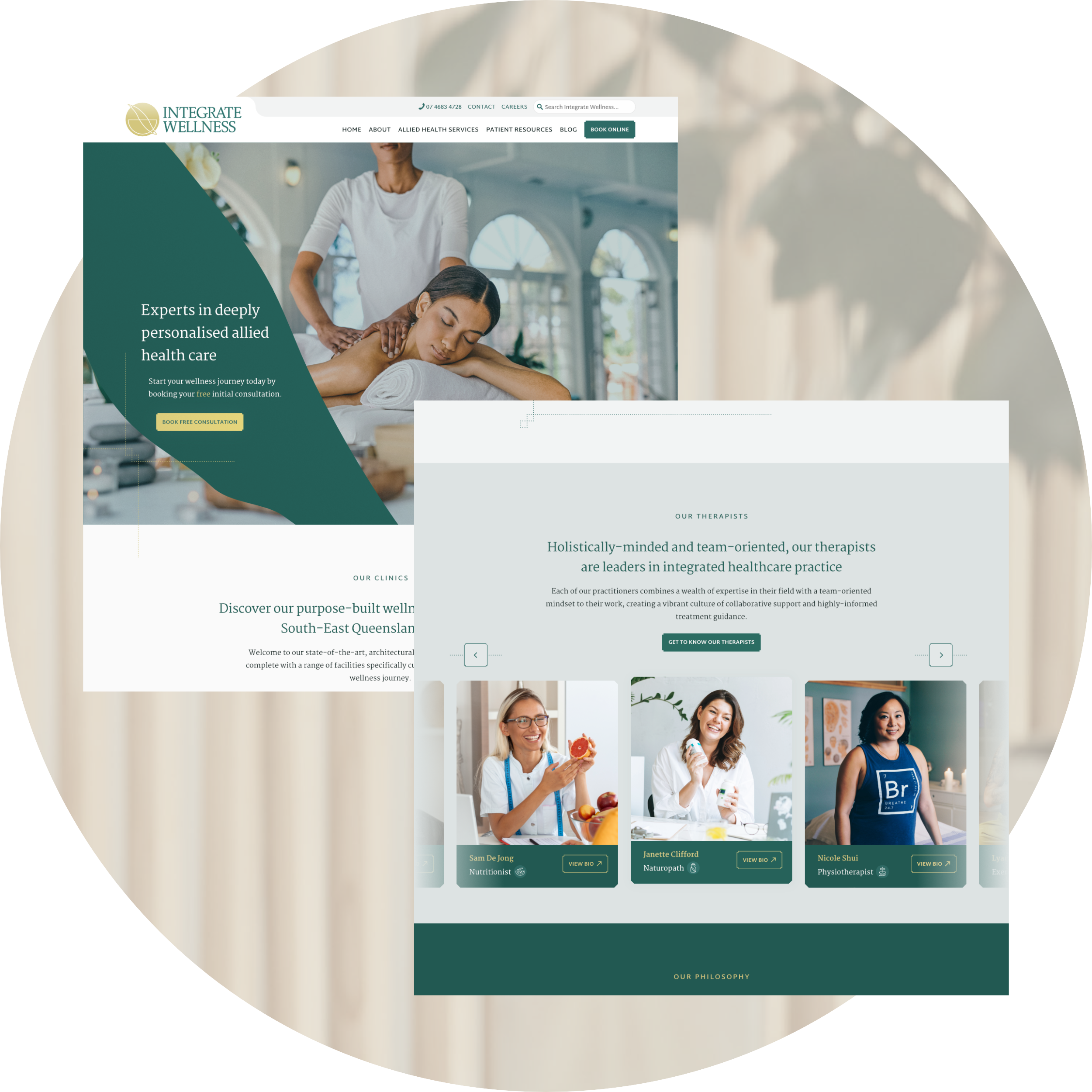 Homepage of Integrate Wellness showing a therapist giving a massage and a section featuring three therapists with names and specialties: Nutritionist, Naturopath, Physiotherapist.